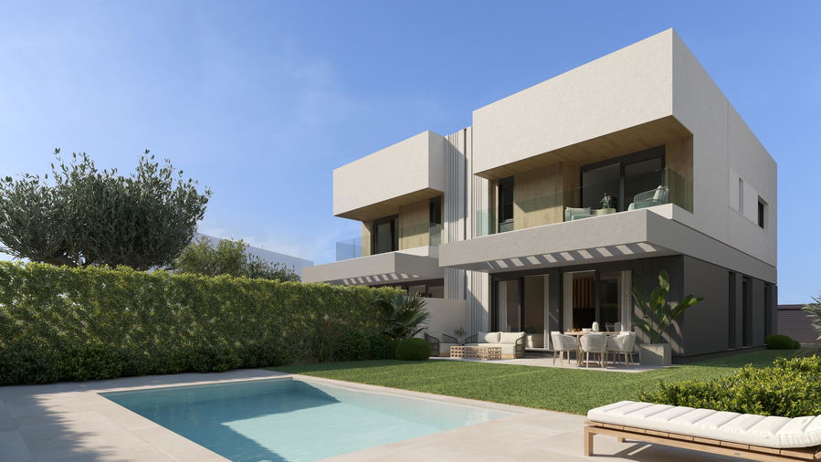 Semi-detached house with roof terrace, garden and pool in Maioris