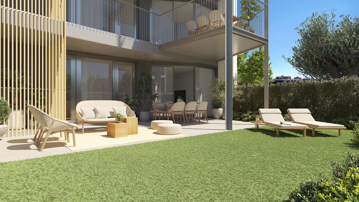 New-build garden apartment with terrace and parking in Palmanova