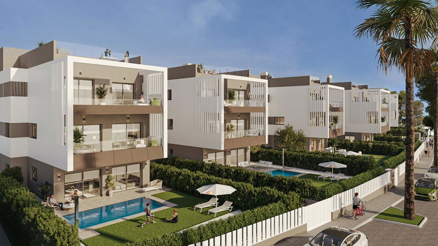 Modern markplanslägenhet med privat trädgård och pool som tillval
