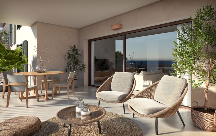 Nybyggd elegant lägenhet med terrass och fantastisk utsikt över slottet och havet i Capdepera