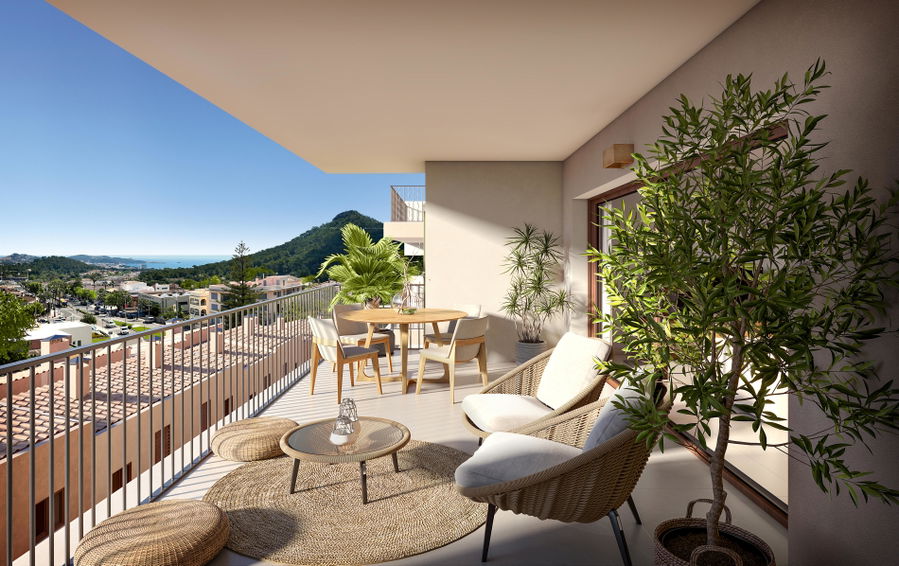 Nybyggd elegant lägenhet med terrass och fantastisk utsikt över slottet och havet i Capdepera