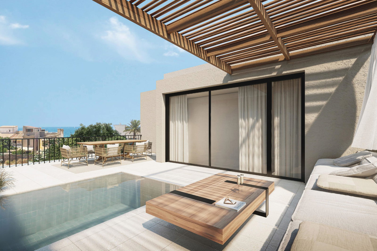 Luxuriöses Neubau-Stadthaus zum Verkauf in Portixol-Molinar mit Dachpool und Meerblick